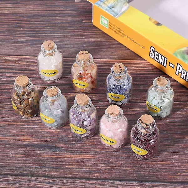 2 lådor med 9 flaskor Mini Natural Semiprecious Gem Stone Chip Crystal Healing Tumbled Reiki Wicca Tra