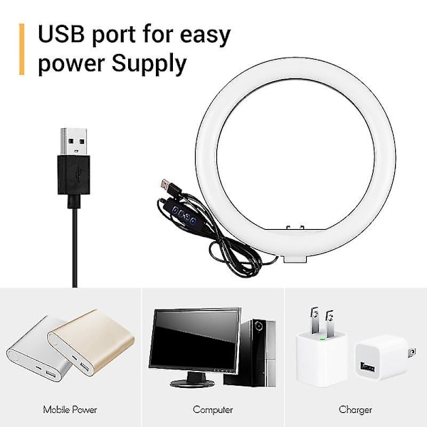 10 tuuman min LED-rengasvalo, valokuvaus, täyttövalo, 3 valaistustilaa, himmennettävä, USB-käyttöinen, joustava pidike, valaisinteline, pallomainen sovitin, puhelinteline H