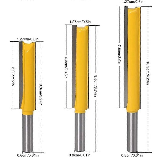 8 mm Freserbit, 3 stk. Rett Sporfresere Ekstra Lange Freser Karbid Freserbits Trebiter, Rett Freserbits Fresing Trebearbeiding