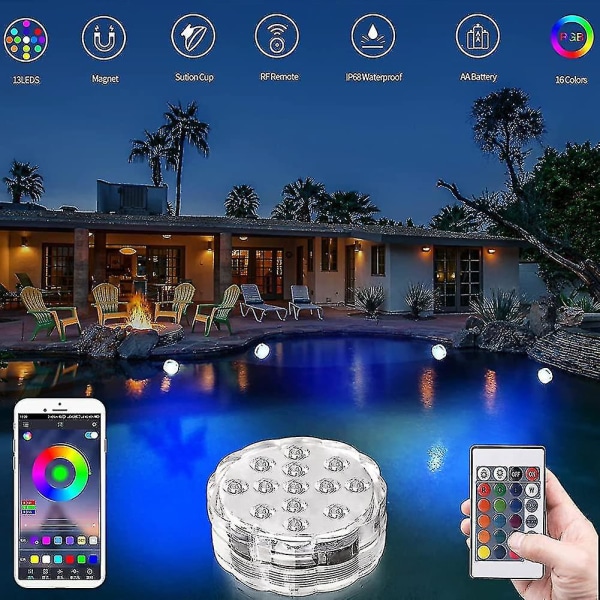 Led damlys 13led 2pack nedsenkbare lys med app og fjernkontroll svømming
