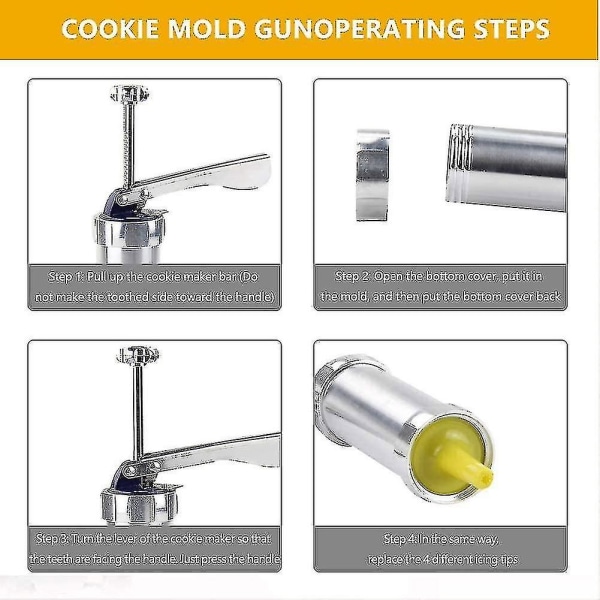 Press aluminiumspressesett Cookie Maker konditorpresse med 20 tips og 4 tynne deigspraytips Rustfritt stål Sølv Gratis frakt