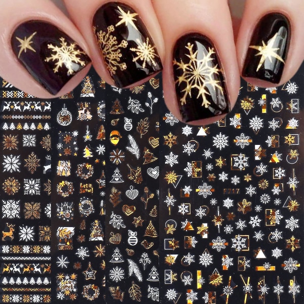 8 arkkia Joulun nail art Tarrat Itseliimautuvat Kulta Valkoinen Joulu Talvi Lumihiutaleet Kynsitarvikkeita Nail Art Design