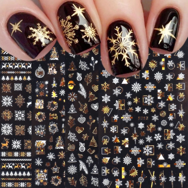 8 Sheets Christmas Nail Art Stickers Decals Self-adhesive Gold White Xmas Winter Snowflakes Nail Supplies Nail Art Design