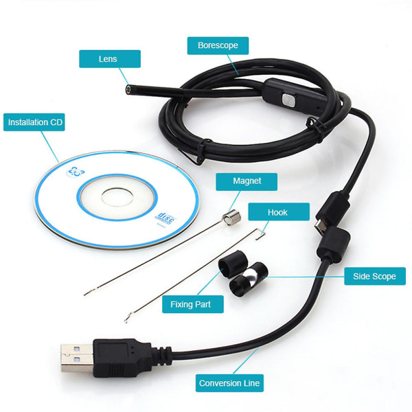 7 mm fokus kamera linse 1,5 m vandtæt 6 led Android endoskop mini usb kabel endoskop