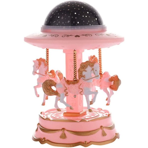 Karusell Speldosa Upprullning Musikaliska Roterande hästar Merry-go-round Speldosa Stjärna Projektor Nattlampor För barn Födelsedagsfest Present Rosa