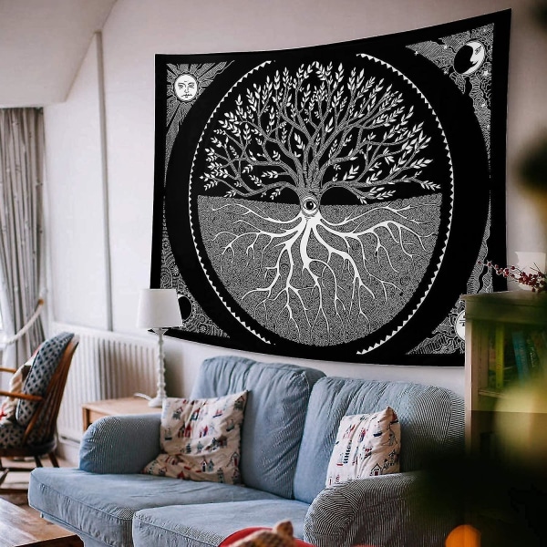 Tree Of Life Wall Tapestry Sun And Moon Estetisk Tapestry Wall Hanging Black & White Mand