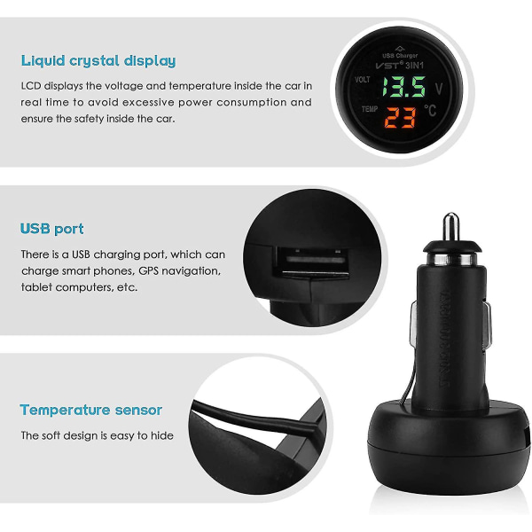 Bil Voltmeter, 3 i 1 12-24v Bil Termometer Bil Usb Oplader Voltmeter Med Lcd Digital Display Panel Temperatur Tester Spændingsmåler Til Biler Og Tr