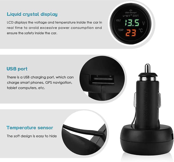 Bil voltmeter, 3 i 1 12-24v biltermometer bil USB-lader voltmeter med LCD digital display panel temperaturtester spenningsmåler for biler og tr