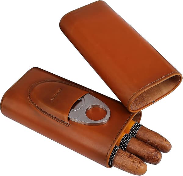 Premium 3-fingers Humidor i brunt läder, foder av cederträ, silverfärgad rostfri stålskärare