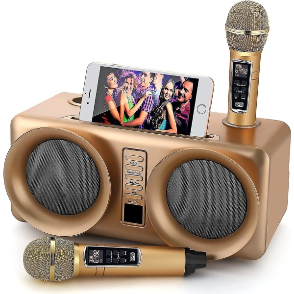 Rebirth Karaoke-maskine, bærbart Bluetooth Pa-system med 2 trådløse mikrofoner, højttaler med mobiltelefonholder/usb/tf-kort/aux-indgang, til hjemmebrug