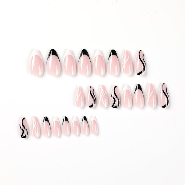 24-pack Naisten kynnet Oval Style French Black And White Mandarin Duck Waves Kesälle Diy Manikyyri Työkalut Täysi Peitto Kynsi Tarrat