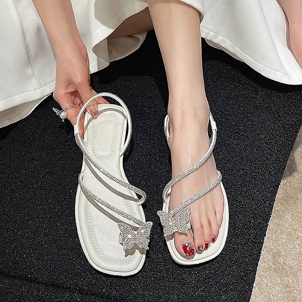 2023 Sommar Nya Fjäril Dekorerade Strass Platta Sandaler white 36