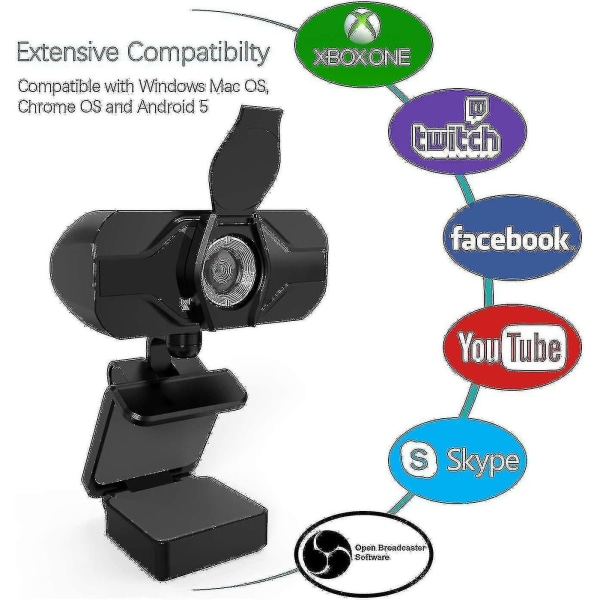 Webkamera 1080p Plug and Play Privacy Mic Cover for stasjonær bærbar PC