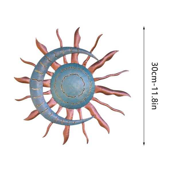 Sesongbasert og festlig innendørs og utendørs dekorasjon i resirkulert metall, himmellegeme, måne og sol, veggkunstskulptur, 30 cm/11,8 tommer i diameter