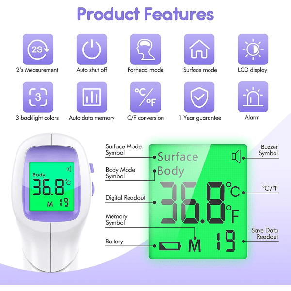 Frontalt termometer, berøringsfritt termometer med LCD-skjerm, infrarødt frontalt termometer babybarn voksen, infrarødt termometer med hurtigleser