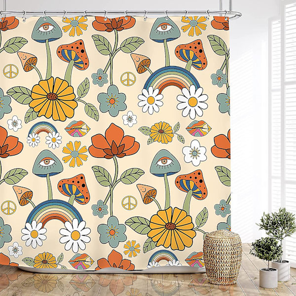 Boho svamp duschdraperi set retro trippy badrumsdekor gul orange blomma blommig rolig söt bohemisk hippie rustik 60wx72l tum badtillbehör