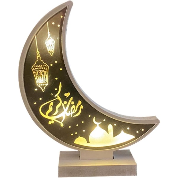 Ramadan Mubarak lampedekorationer, gør-det-selv-muslimske halvmåne træornamenter Led dekorativt natlys, Eid Mubarak måneform håndværksdekoration til hjemmet