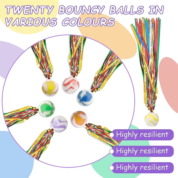 Hoppeballer for barn, 20 stk hoppeballer med fargede bånd, mini fargerike gummiball, leketøysspringball, hoppeballer