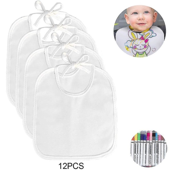 Pakke med 12 malerhagesmække, 22 * ​​28 cm hvide trekantede kludhalsklæder til babyer med 12 tekstilpenne og 1 oplukker, vandtæt savlsmæk Babyshow