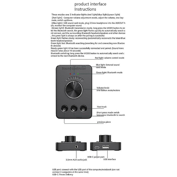 Usb-volumenhed, ekstern USB-lydkort, Bluetooth 5.1-sender, driverfri (til Windows