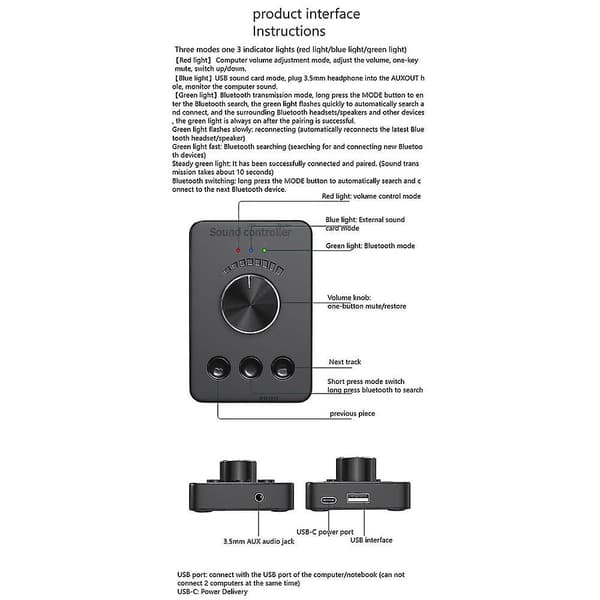 Usb-volumkontroll, ekstern USB-lydkort, Bluetooth 5.1-sender, driverfri (for Windows
