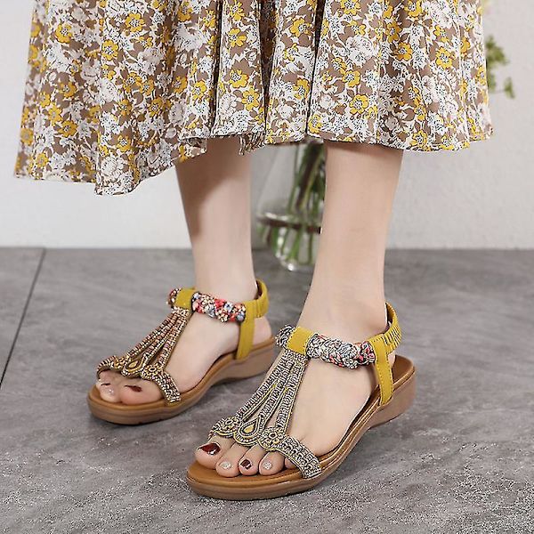 Flatsandaler for kvinner, elegante, sommerlige og komfortable ankelstroppsandaler for kvinner yellow 41