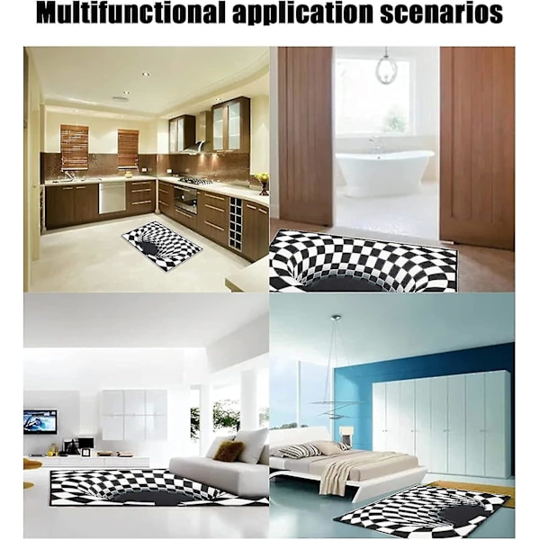 Optinen illuusiomatto 3d Stereo Checkered Vortex Optinen illuusiomatto Hauska putoamisen tunne Mustavalkoinen Liukumaton Ruudullinen Reikäalueen matto Ruokailuun