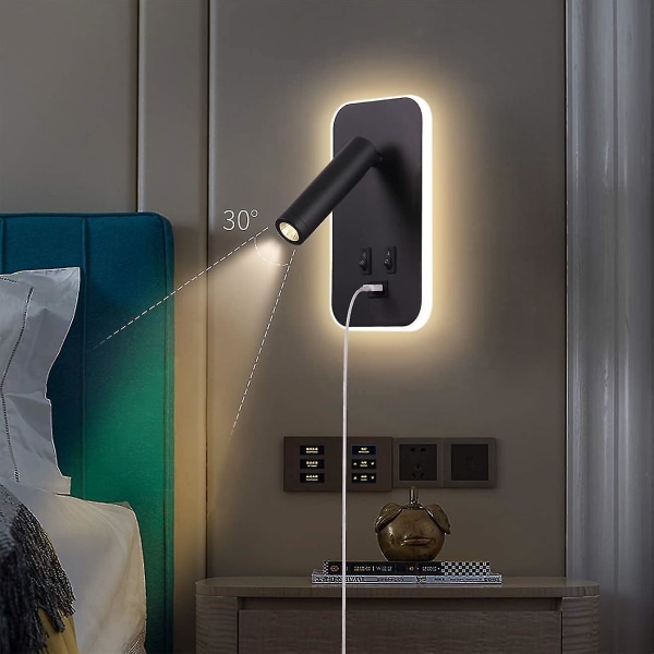Led væglampe, læselys ved sengekanten med kontakt, USB-opladningsport, stemningsbelysning i soveværelset Justerbar spotlight (3w 3000k + 9w 6000k) Sort