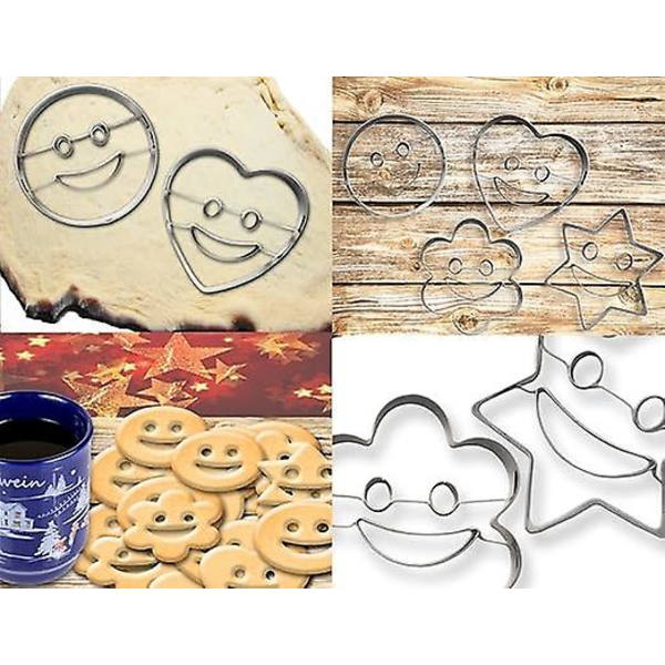 Kageformssæt med 4 - Til sjov bagning - Emoji, Smiley, Hjerte og Stjerneformer - Rustfrit stål