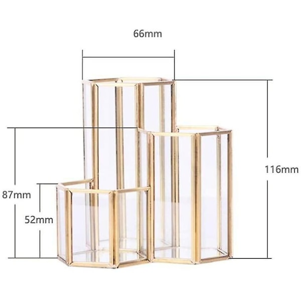 Pot Grave; Hexagon Klar Glas Multifunktionel Makeup Blyant Skrivebords Opbevaringsboks Til Opbevaring Af Kosmetik Og Andre Genstande 116mm Guld 1 Stk