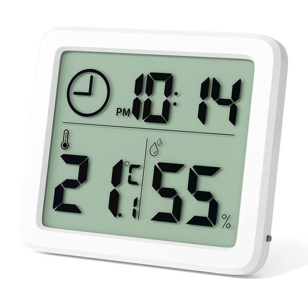 Mini digitalt innendørs termometer, profesjonelt bærbart hygrometer med stor skjerm med klokke, nøyaktig hvitt termometer, hygrometer for hjemmet, babyrom,