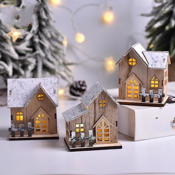 Black Friday 3 stk julehytte, glødende julelandsbyhus, lys opp julehus i tre med led lys Høy kvalitet