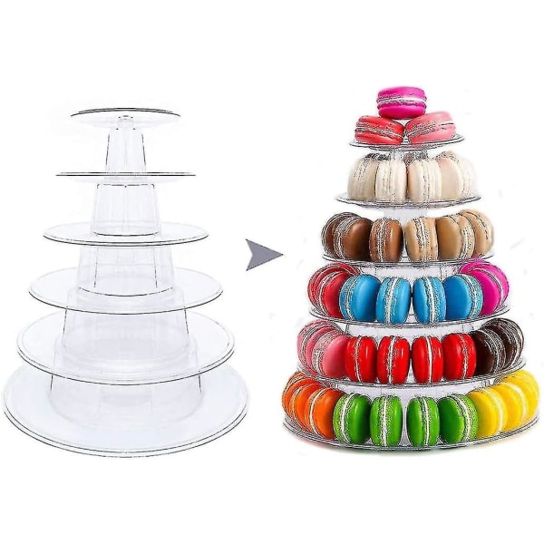Macaron Tower Stand, 6-lags rund makronholderstativ Multifunksjon Cupcake Cookie Dessert Display Hyllestativ Plaststativ for bryllupsbabydusj
