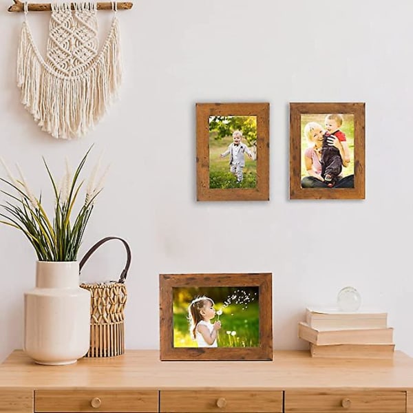 3 kappaleen rustiikkinen puinen kuvankehyssetti 5 x 7'' (13 x 18 cm) lasikannella pöydälle tai seinälle 7x5'' kuvankehykset
