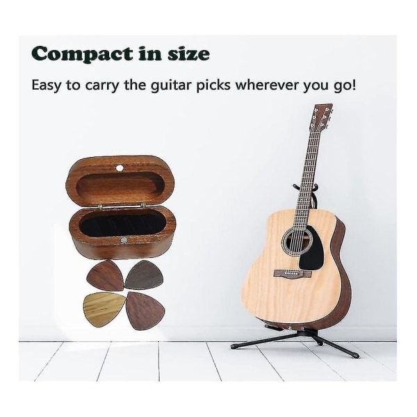 Gitarrplektrums hållare set med 4 träplektrum, naturlig minnessak trä gitarrplektrum displayfodral, mini gitarr
