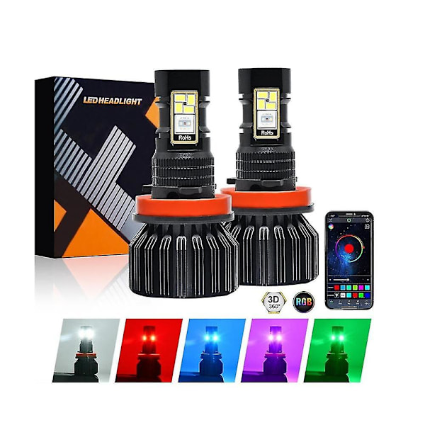 Auton LED RGB -ajovalot, sovellusohjattu Bluetooth-yhteensopiva monivärinen LED-sumuvalolamppu, 9012