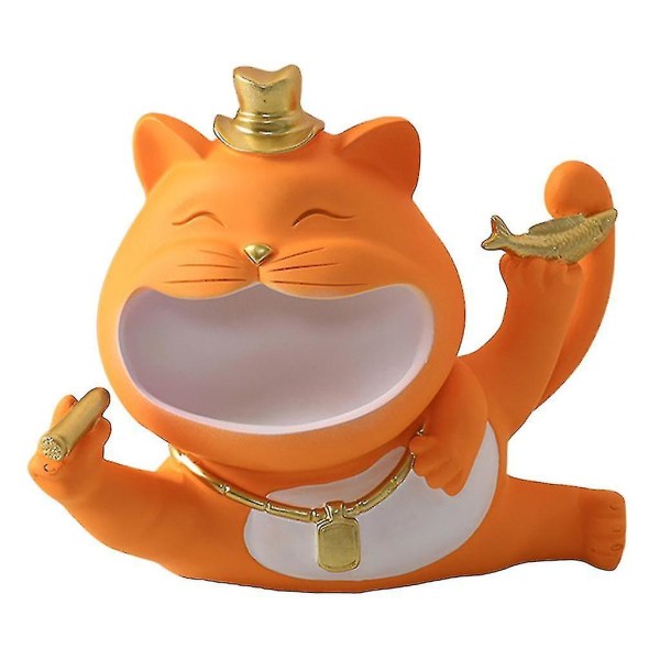 Resin Lucky Big Mouth Cat Oppbevaringsboks Statue (1 stk, oransje)