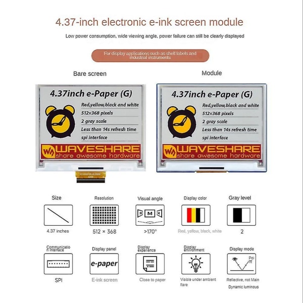 4,37 tommers E-papir E-blekkskjermmodul 512x368 for Spi Lcd-skjermmodul B