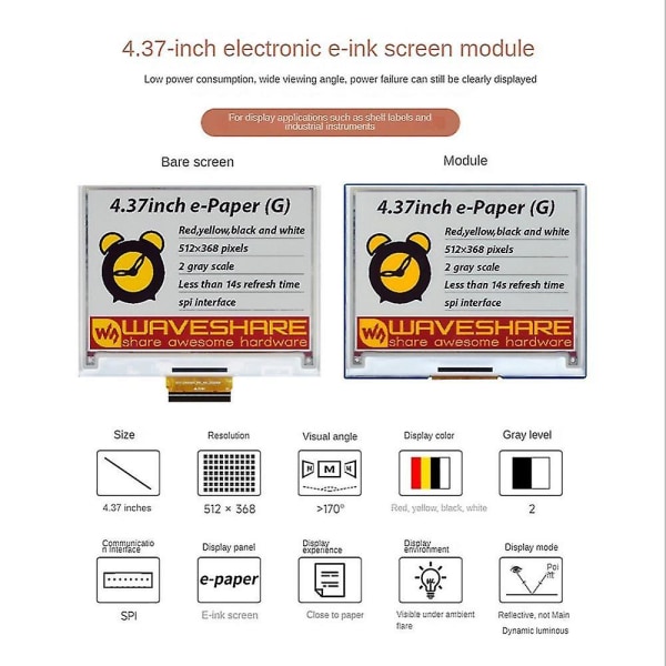 4,37 tuuman E-paperin E-ink-näyttömoduuli 512x368 Spi LCD-näyttömoduulille B