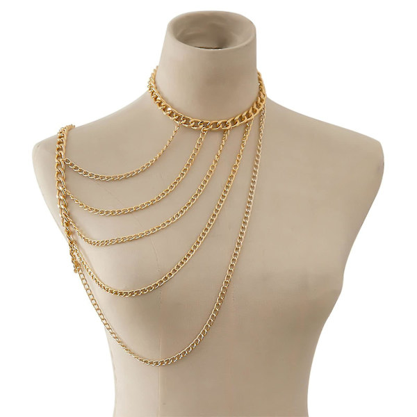 Sexy Sele Harnesseskæde Boho Guld Halskæde Choker Skulderkæde Multi Række Chunky Cuban Armkæde Unik Lagdelt