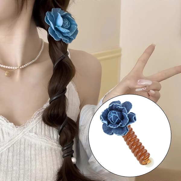 Moderigtigt blomstertema hårelastik elastisk kvinders hårscrunchie denim kamelia telefonledning hårbånd til daglig brug sort Black