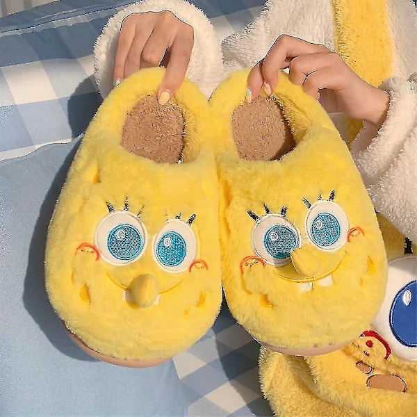 Kawaii Spongebob Firkantbukser Børn Og Voksne Par Bomuldsslippers Alle Og Halv Inklusive Varme Skridsikre Vinter Slippers half 26-27 inner 17.5cm