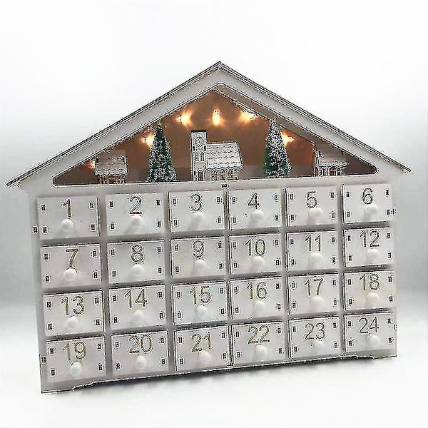 24 Dages Hvid Træ LED Julekalender Opbevarings Skuffe