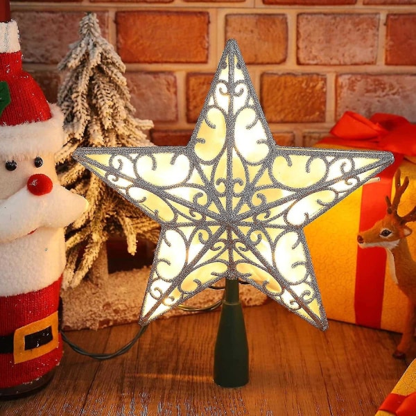 9u201d Christmas Star Treet Topper, glitret sølv treetop Star, Metal Hollow 3d Star Christmas