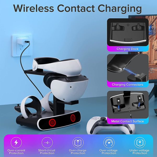 Ladestasjon for Ps Vr2-kontrollere og headsetstativ, trådløs kontaktladestasjon for 2 kontrollere, Ps-vr2-laderstasjon