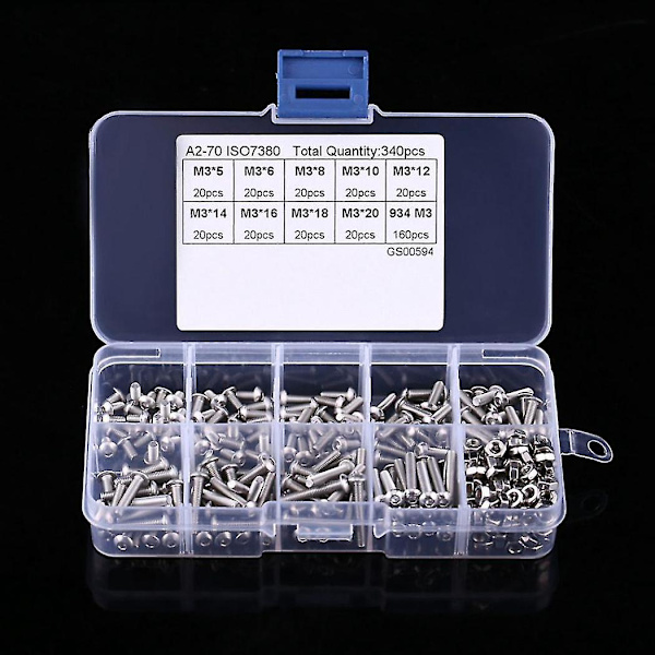 340 stk. M3 Hex Sokkel Skrue Møde Stainless Steel M3 Skruer Møtrikker Sortiment Kit Fastgørelse