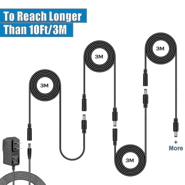 10ft DC-forlængerledning 5,5 x 2,1 mm, DC 12V-strømforlængerkabel