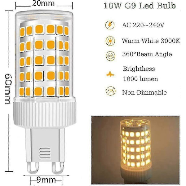 3-pak G9 LED Pærer 10w Halogen Pære 150w, 86 LED'er, 1000lm, 360 Strålevinkel, Super Lys, Ac220-240v