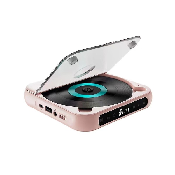 Bærbar cd-afspiller Bluetooth-højttaler, led skærm, stereoafspiller, vægmonterbar cd-musikafspiller med FM-radio-pink