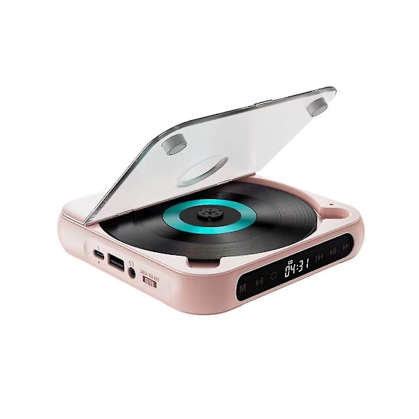 Bärbar CD-spelare Bluetooth-högtalare, LED-skärm, stereospelare, väggmonterbar CD-musikspelare med FM-radio - rosa